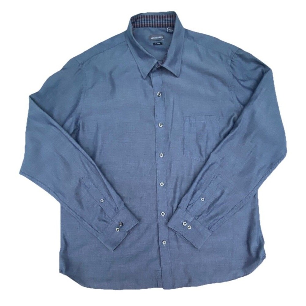 Van Heusen Slim Fit Dress Shirt Blue Herringbone Plaid Trim Men XL 17-17.5